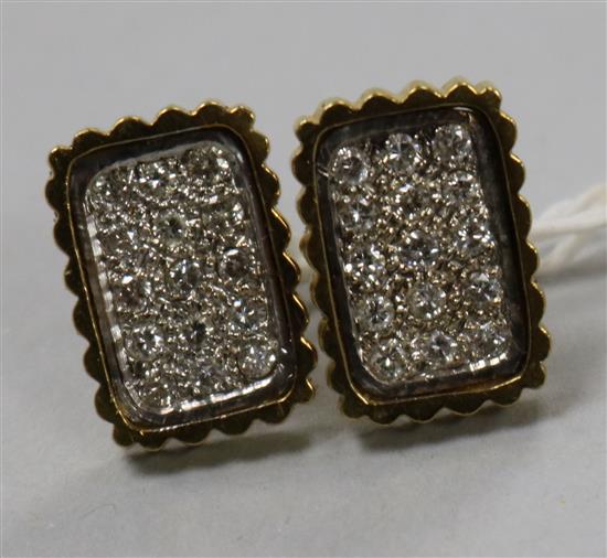 A pair of 18ct gold and pave set diamond rectangular ear studs, 16mm.